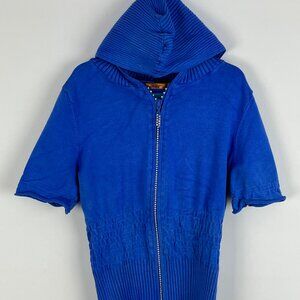 Belldini Sweater Size S Blue Short Sleeve Hooded Full Zip Stretch Viscose Polyes